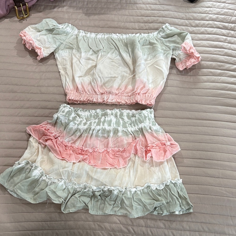 Vintage Havana Girls Two-Piece Ruffle Matching Set in Mint and Pink